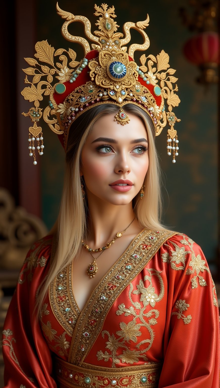 A stunning (gujrati woman), wearing an opulent ancient Chinese empress costume,Her Slavic features, -blue eyes and fair skin, contrast beautifully with the ornate goddess traditional, Elaborate headdress adorned with gold filigree, jade beads, and hanging pearls, Intricate phoenix crown with delicate golden leaves and gemstones,Layered silk robes in rich red and gold, embroidered with dragons and auspicious symbols, Wide, flowing sleeves with detailed embroidery, Ornate collar piece studded with precious stones,Long blonde hair partially visible beneath the headdress,Beautiful woman,Photorealistic,Fantasy detailers 