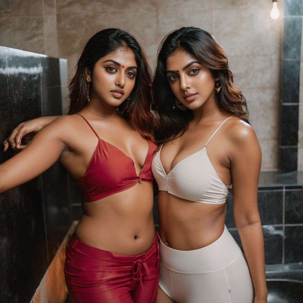 Anu Emmanuel, amala Paul, 2 woman relaxes in a bathtub, illuminated by a warm orange glow. Her hair is wet and messy, and she holds a joint between her fingers. She looks at the camera with a seductive expression, dark and moody style,aesthetic portrait,Film,sensual