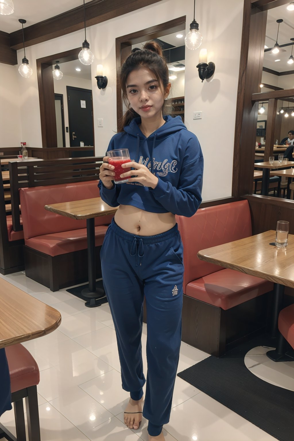 ultra realistic, natural face and body structure, full body shot, she is a beautiful 21 year old indian girl, clear forehead, shot from a distance, india background, looking aesthetic, she is in a restaurant with a lot of foods on the table and sipping juice with straw, night time,  she is wearing a loose and baggy trouser, wearing baggy hoodie,  there are many families in the restaurant ,Paru