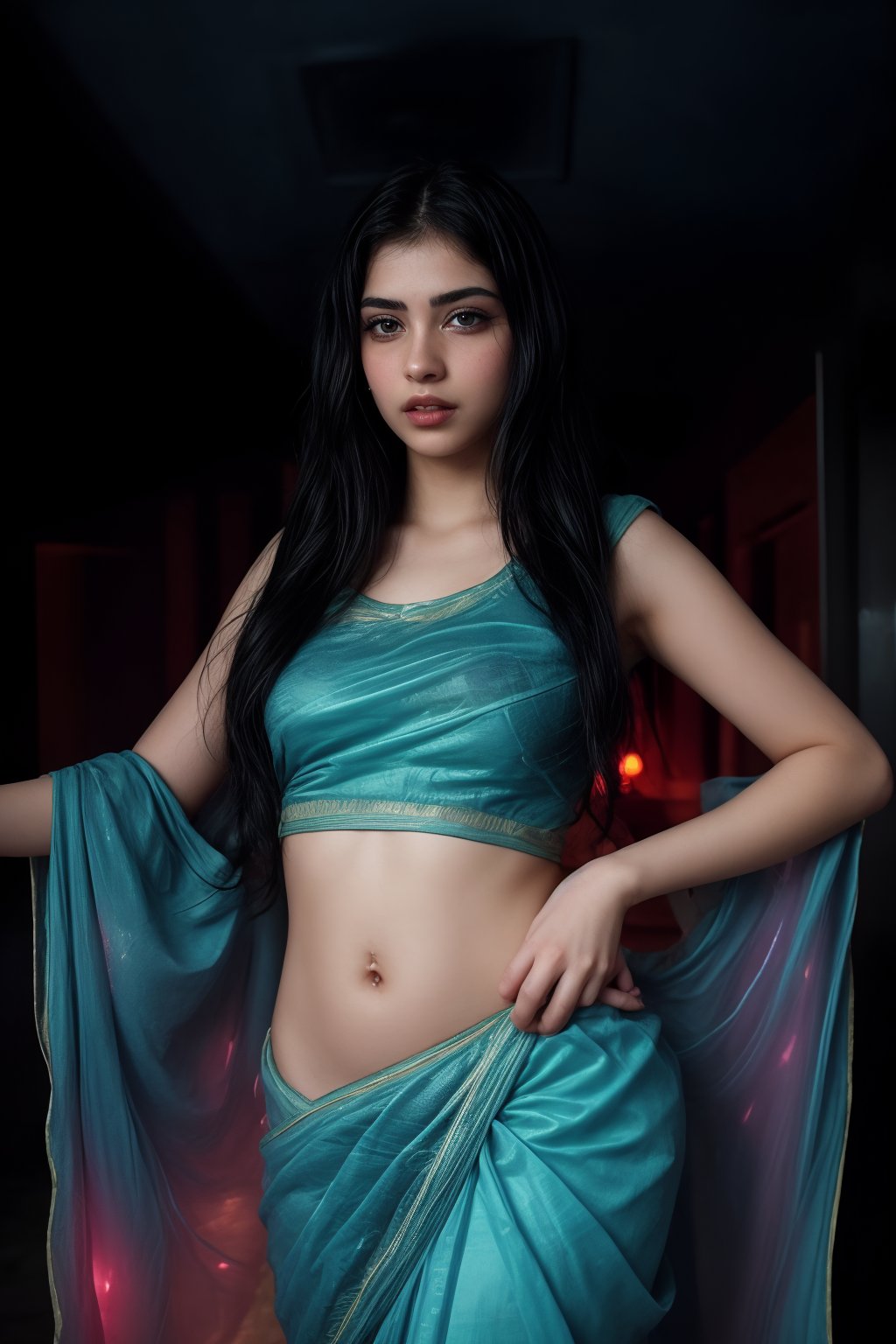 In a neon-drenched cyberpunk world, a stunning 20-year-old woman wears  saree fully covered, navel covered with transparent saree  glistening under Tron-like lights.  as vibrant Matrix-inspired hues of electric blue and fiery orange dance across her features.,Saree 