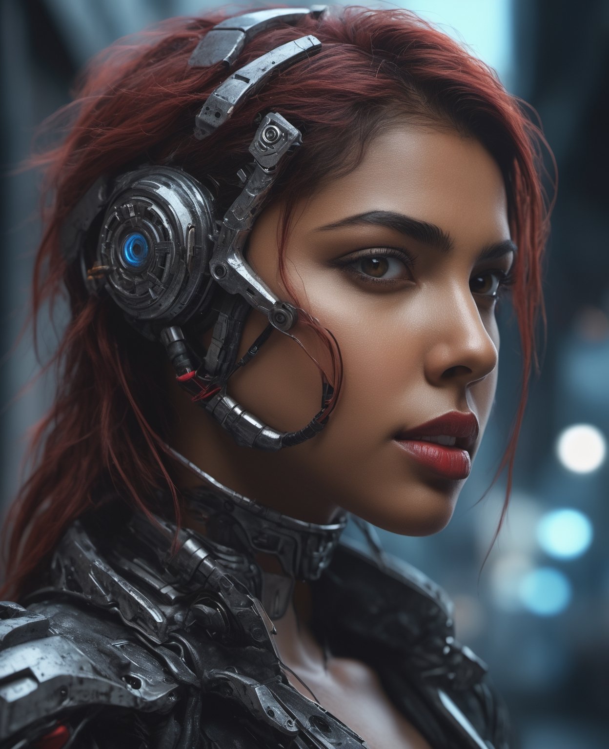 Half Potaret,  amala paul,  full size photo, street cyberpunk photo realistic , highly detailed beautiful organic molding, art nouveau, sharp focus, dynamic lighting, elegant harmony, beauty, evolution to robot , full face human cyberpunk, white and red,, ultra hd, realistic, vivid colors, highly detailed, UHD drawing, pen and ink, perfect composition, beautiful detailed intricate insanely detailed octane render trending on artstation, 8k artistic photography, photorealistic concept art, soft natural volumetric cinematic perfect light, Mysterious, smoke, shadows, contrast, clear sky, analog style (look at viewer:1.2) (skin texture) (film grain:1.3), (warm hue, warm tone