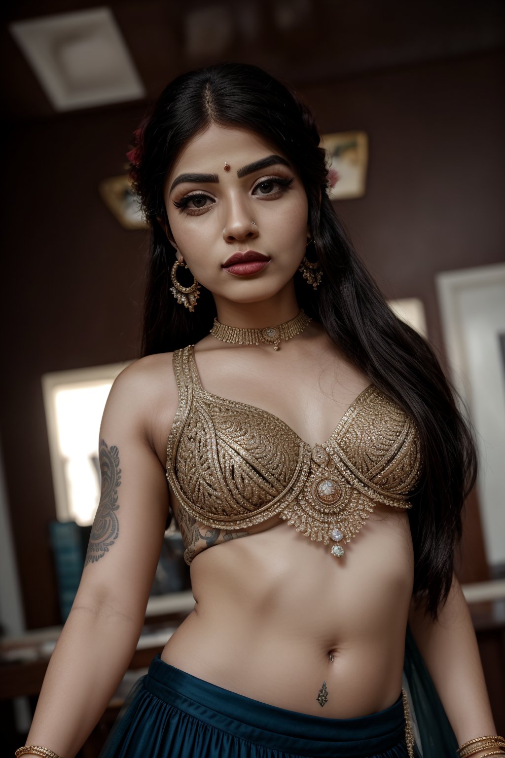 1girl, accessories, piercing , lip piercing , misterious, masterpiece, best quality, dynamic angle, cinematic composition, lehenga,  tattoo 