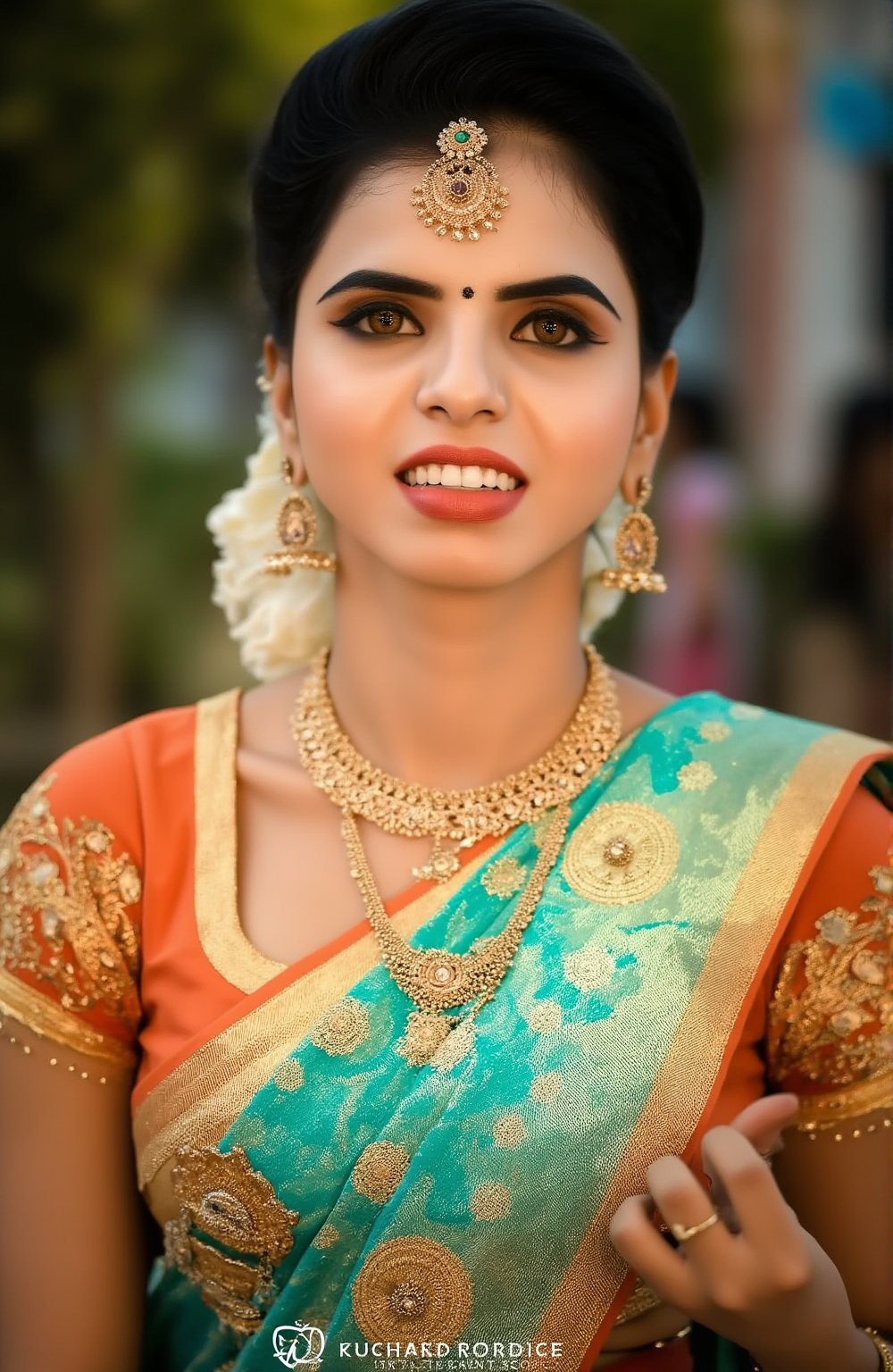 A close-up shot of a woman in a traditional Indian saree, adorned with gold embroidery and jewelry. She is dressed in a turquoise saree with a matching orange blouse. The saree is adorned with a gold necklace and earrings, adding a touch of gold to her outfit. The backdrop is blurred, creating a soft focus on the woman's face.