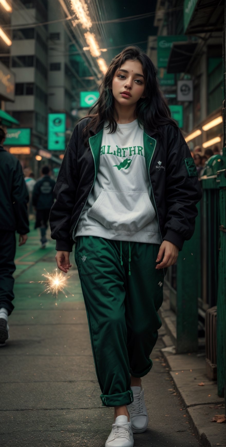 Lovely cute young attractive indian  girl, 35 years old, cute model, long black_hair,  black  hair,  They are wearing a  green , green jacket and green pajama, varsity jacket , white shoes ,Mallu ,Light particles and spark