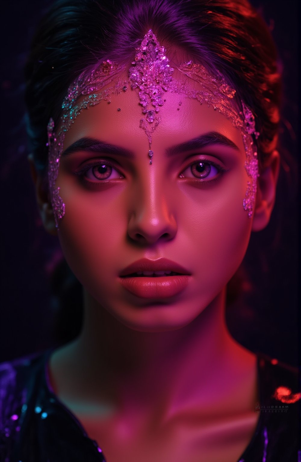 create  a beautiful lady, hayv kahramman style,glowing,bright,luminous skin,glowing brightly,warm light,radiant,soft,glowing skin and vibrant, luminous features,glowing visual effects,glowing particles,neon