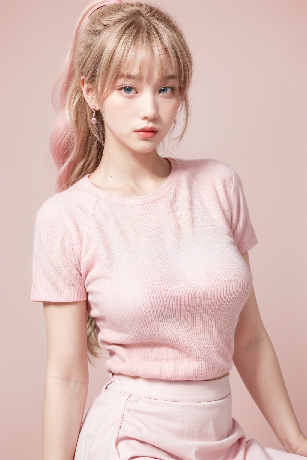 1girl, solo, long hair, looking at viewer, bangs, blue eyes, blond hair, simple background, shirt, jewelry, closed mouth, upper body, blond ponytail, short sleeves, earrings, blunt bangs, side view, ((pink color background)), pink theme, pink sweater, pink knee-length skirt, pink background, big breasts,