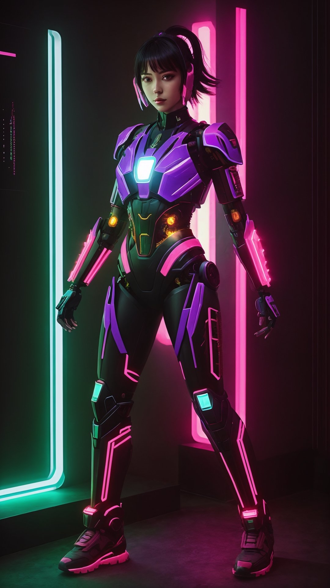 a young woman, full body,  Transformer Warrior, vibrant color, powerful, ultra realistic, cyberpunk, masterpiece, cyborg style, dramatic lighting,y2k