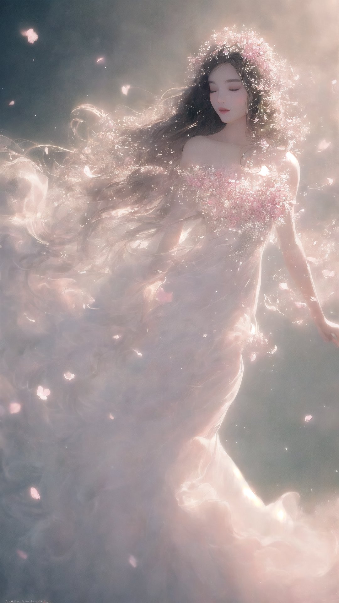 In a dreamy and ethereal setting, the woman is depicted floating in a cloud of mist and soft light. Her body is surrounded by delicate flowers that seem to bloom from her very essence, symbolizing the beauty and vitality of femininity. The colors used are pastel and muted, creating a serene and tranquil atmosphere. The composition is organic and flowing, with the woman’s body forming graceful curves that harmonize with the natural elements around her. The overall mood is one of enchantment and mystique, evoking a sense of wonder and reverence for the feminine form,ViNtAgE