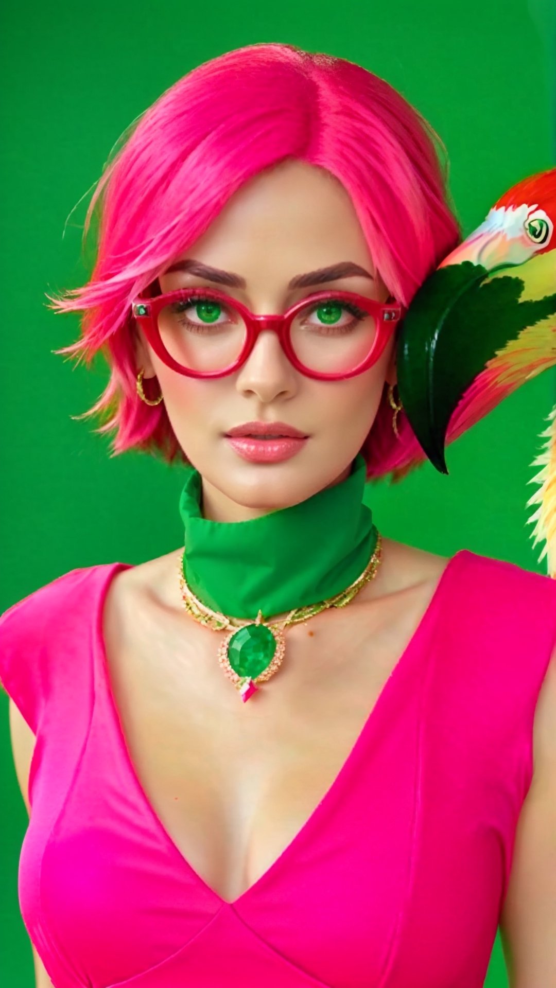 1 girl, emerald color eyes, wear red glasses, mature lady, big chest, flamingo in the back, copy character, change background, high_resolution, high_res, high details, High detailed, ,More Detail, EpicArt, fantasy, Detailed face,Masterpiece