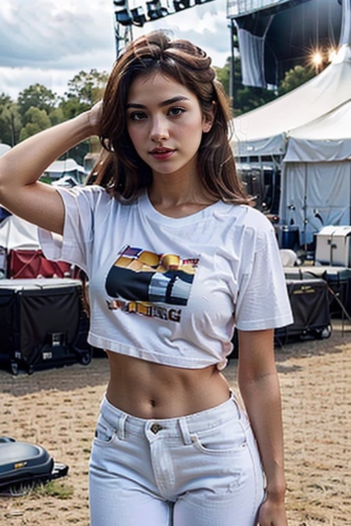 4k masterpiece, 1girl,full body shot, beautiful face,asian girl, brown-hair, shoulder longhair, makeup, white pale skin, pale face, skinny, flat breast, model body, slander, looking up, head up, music concert, rock festival, white t-shirts, denim pants, red wrist band, one hand up, jumping,1girl,hk_girlg