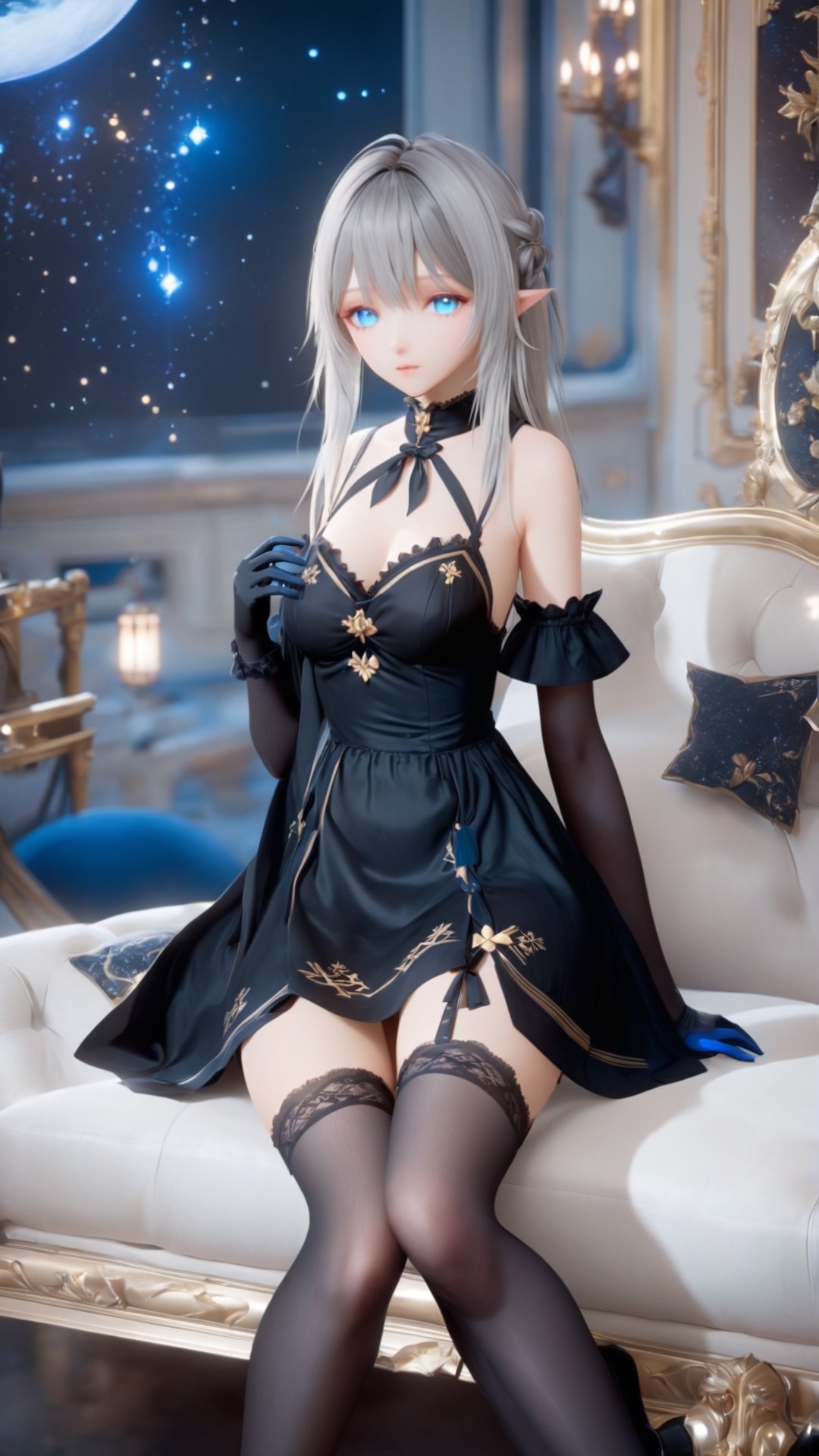 NSFW, aesthetic portrait, masterpiece, best quality, highly detailed, masterpiece, best quality, absurdres, extremely detailed CG unity 8k wallpaper, {extremely detailed cg}, 

stellaris, Gray Goo, anthropomorphic, 1girl, white thighhighs, white hair, black china dress, black gloves, black shoes, Gold hem, Blue pupil,