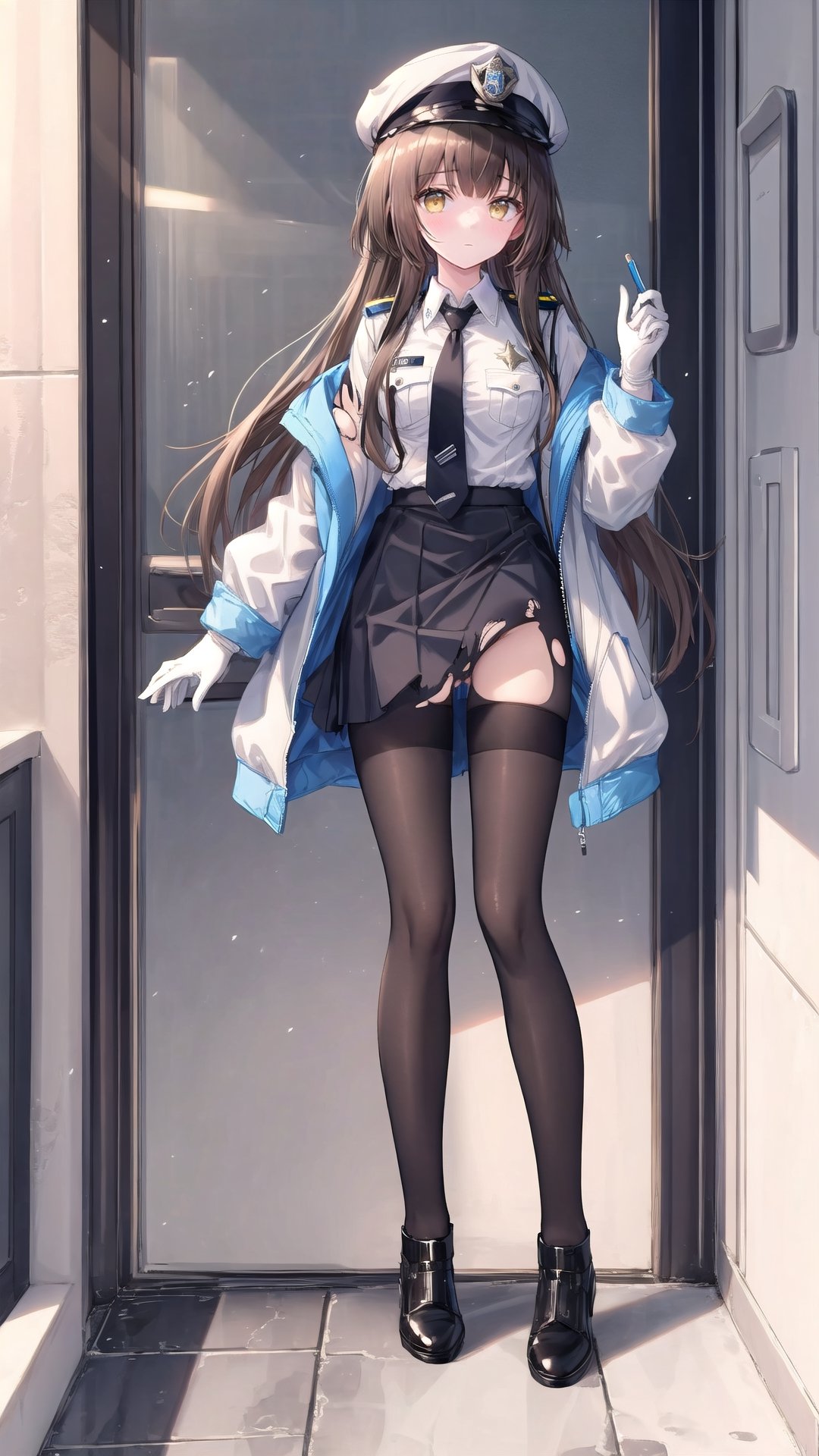 minami kotori, pantyhose, (2girls), multiple girls, long hair, high heels, white jacket, necktie, brown hair, uniform, jacket, skirt, black footwear, sex toy, shirt, breasts, hat, gloves, bangs, yellow eyes, white gloves, medium breasts, thighband pantyhose, blue jacket, vibrator, black shirt, black necktie, collared shirt, police uniform, long sleeves, brown eyes, torn clothes, police, blue shirt, dildo, panties, pencil skirt, underwear, 