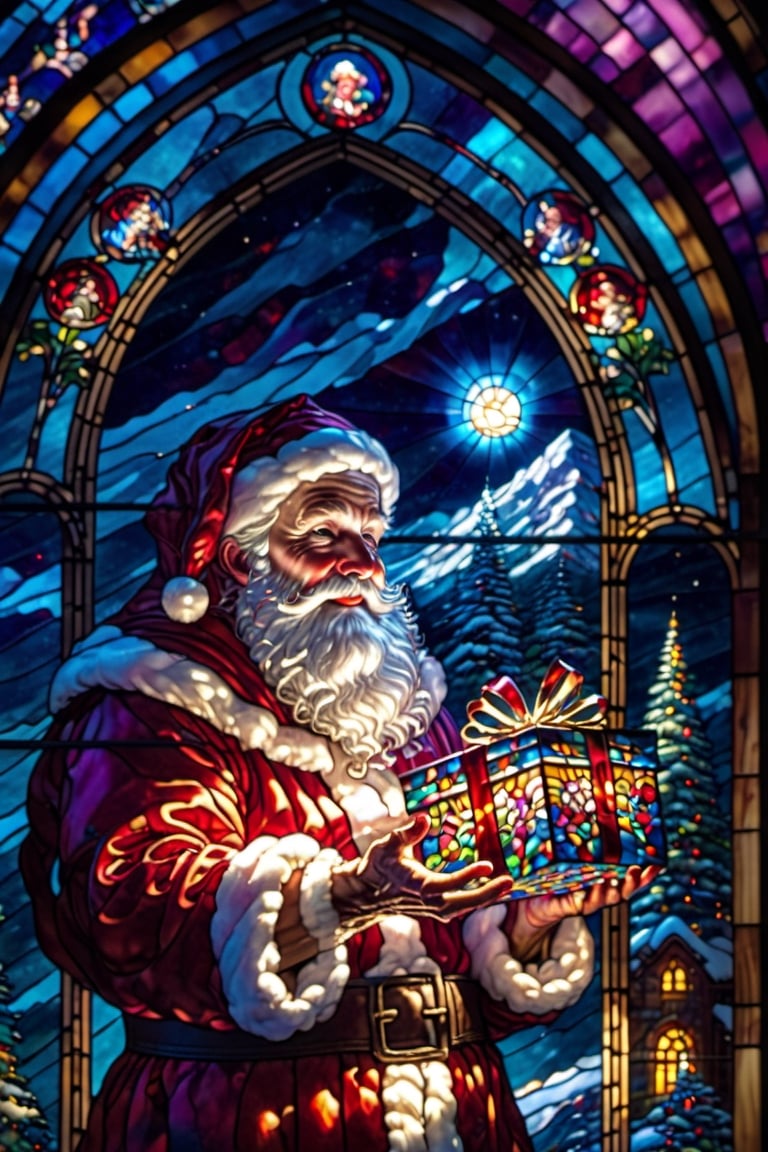 Hyper-detailed stained glass art, Santa Claus holding up a present out of a chimney, glass art, ultra hd, hyper-realistic, vivid colors, UHD, cinematic perfect light, greg rutkowski,EpicSky