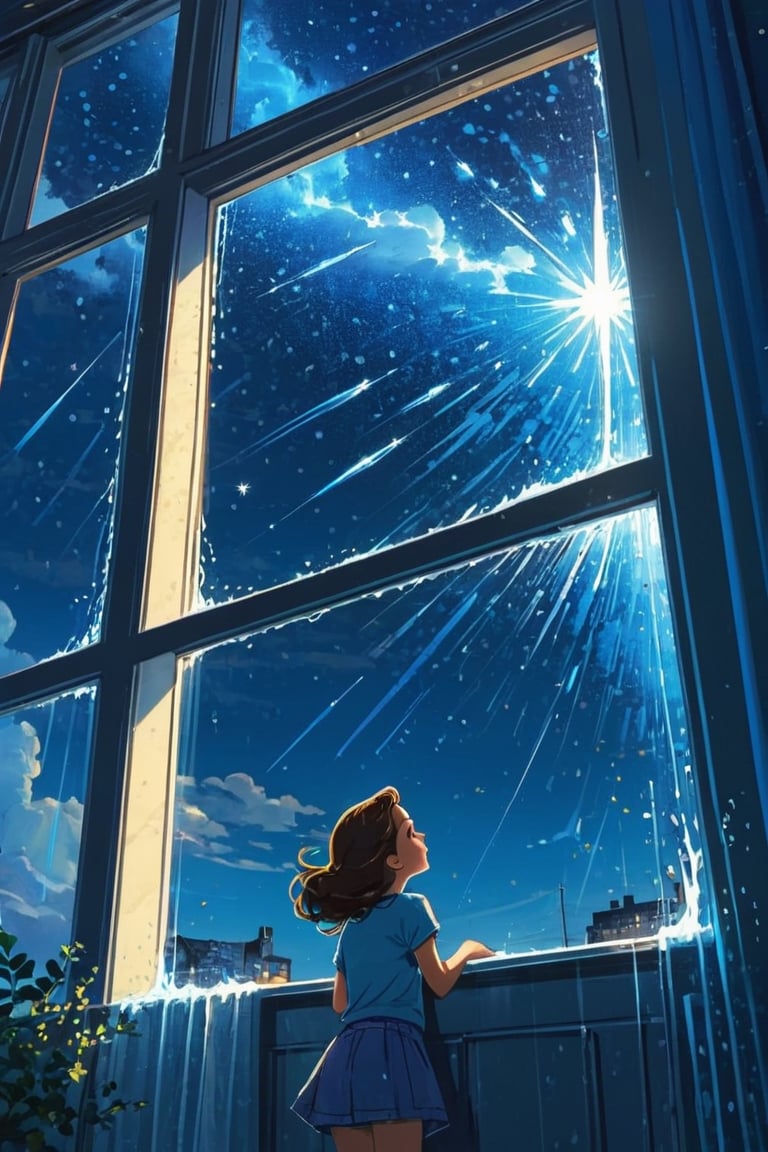 (best quality:1.33),  (masterpiece:1.42), (detailed:1.15),  (high_res), ultra realistic draw, pop art, style, high_resolution, high detail, shiny, close up shot of a window with rainning water running down it, night sky reflect at the window glass, huge blue shine shooting star falling from sky reflected at the window glass, a girl point to the star at the window, samdoesart,EpicSky,cloud