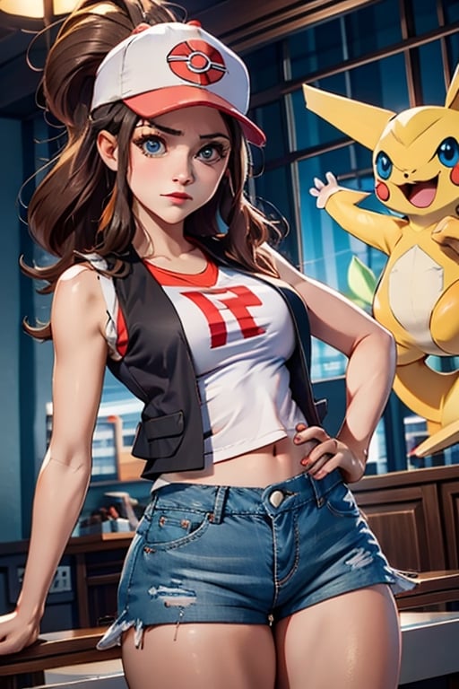 Ultra detailed panoramic shot of hilda, big well rounded thighs, with a black vest, white cropped t shirt, blue jeans shorts, whearing a red and white cap, inside a pokemon center, girl, Hilda (pokemon)