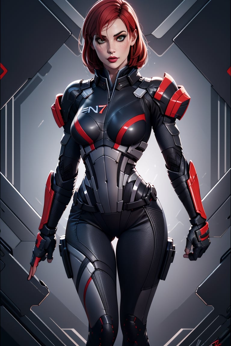 Ultra detailed shot of Jane shepard full body N7I armor in black and, with red and white stripes holding up a high tecnological rifle, muscular fit body, big well rounded thighs ,Jane,girl