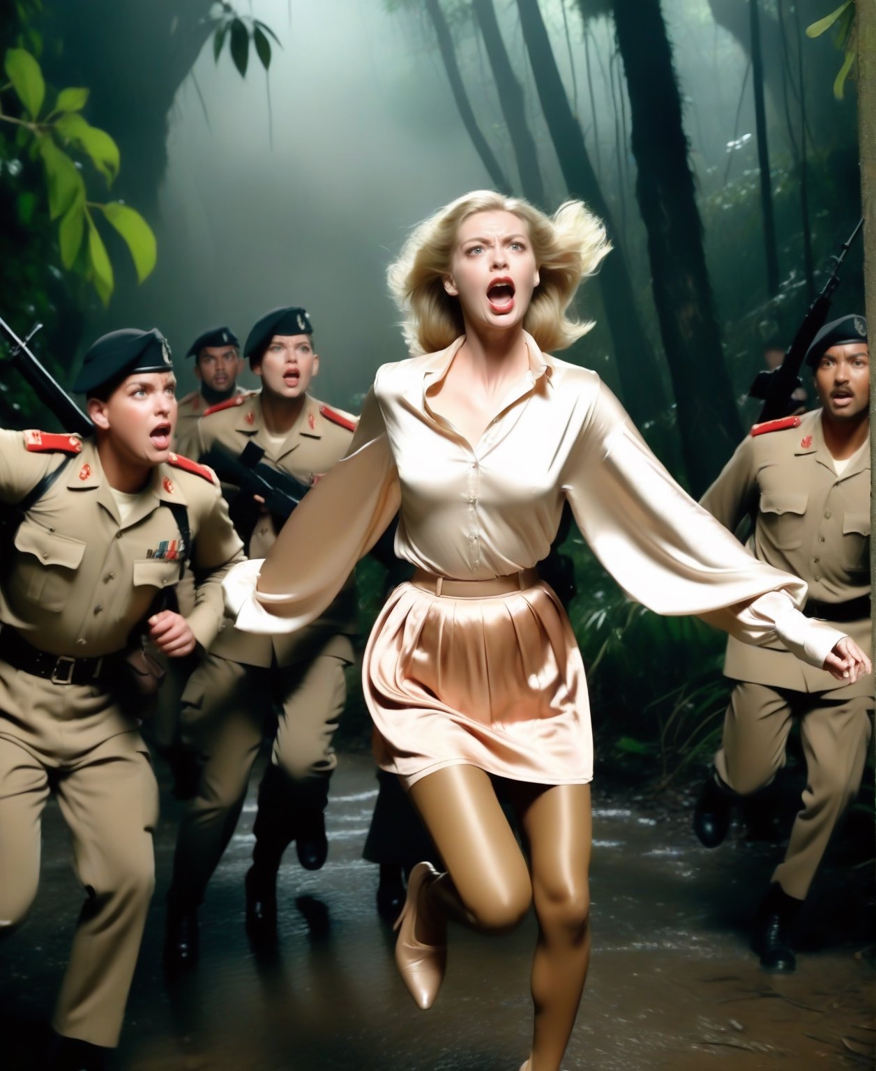 once upon a time, Soldiers attack over a blonde england woman, she is wearing a puffy long sleeve satin blouse, she is wearing a silk neck scarf, she is wearing a knee_long silk skirt, she is wearing pantyhose and high heels, she is startled and tries to run away, realistic, detailed, horror movie style, night hot jungle, surreal, masterpiece, attacked by Soldiers