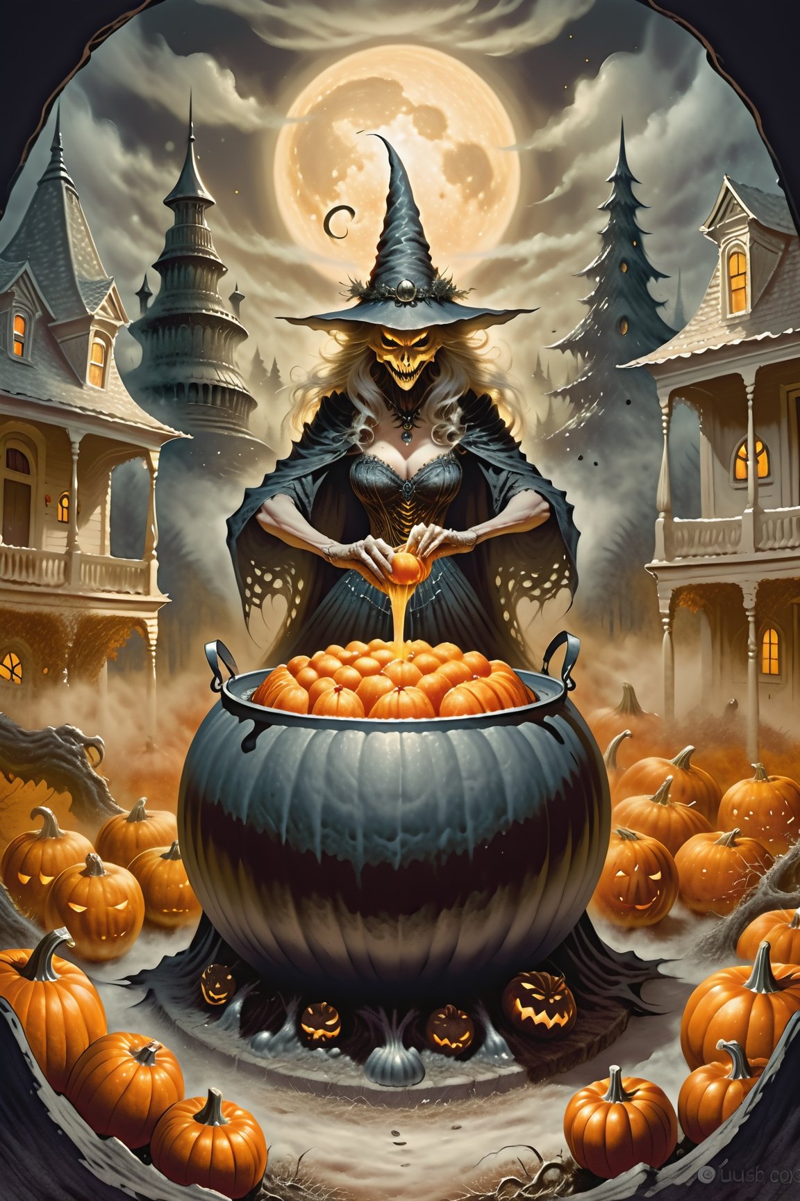 an old busty witch is cooking a Pumpkin monster in a mega huge pot, breaking ball, White House background, 
(((Luis Royo style illustration, detailed background, fairytale, color pencil drawing, mandala art)))