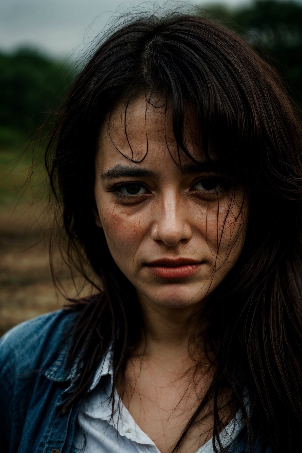 Best quality, analog, ultra-realistic, portrait of a woman, her face etched with exhaustion. Her hair is a tangled mess, her clothes are soaked with sweat, and there are dirt smudges on her face and hands. The woman's expression is one of utter defeat, she is finally at her breaking point, sharp focus, (PnMakeEnh),Realism,photorealistic