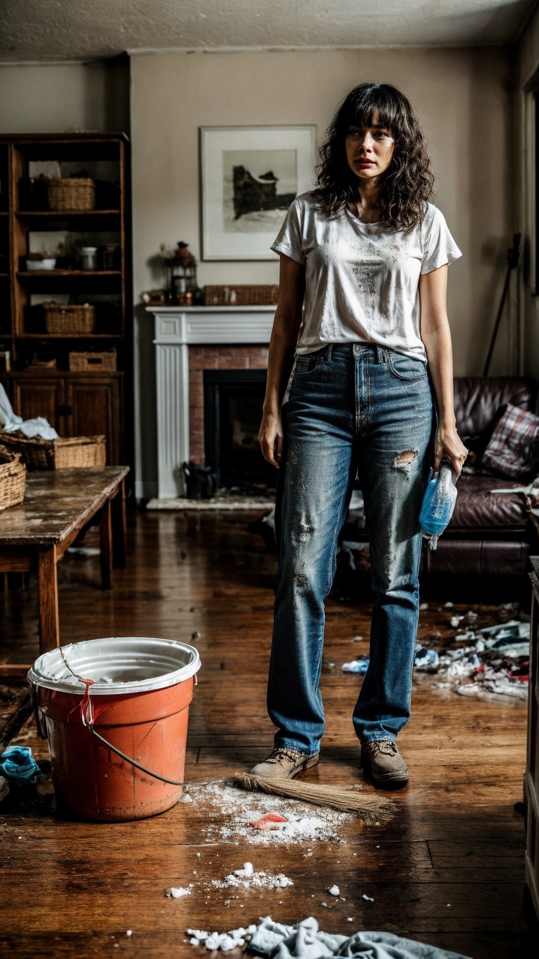 Best quality, analog, ultra-realistic, A woman stands in the middle of a living room, her face etched with exhaustion. Her hair is a tangled mess, her clothes are soaked with sweat, and there are dirt smudges on her face and hands. She is surrounded by cleaning supplies – buckets of soapy water, piles of dirty laundry, and brooms and mops. The living room is in chaos, with furniture overturned, toys scattered across the floor, and clothes strewn everywhere. The woman's expression is one of utter defeat. She has clearly been cleaning for hours, and she is finally at her breaking point, sharp focus, (PnMakeEnh),Realism,photorealistic,Portrait