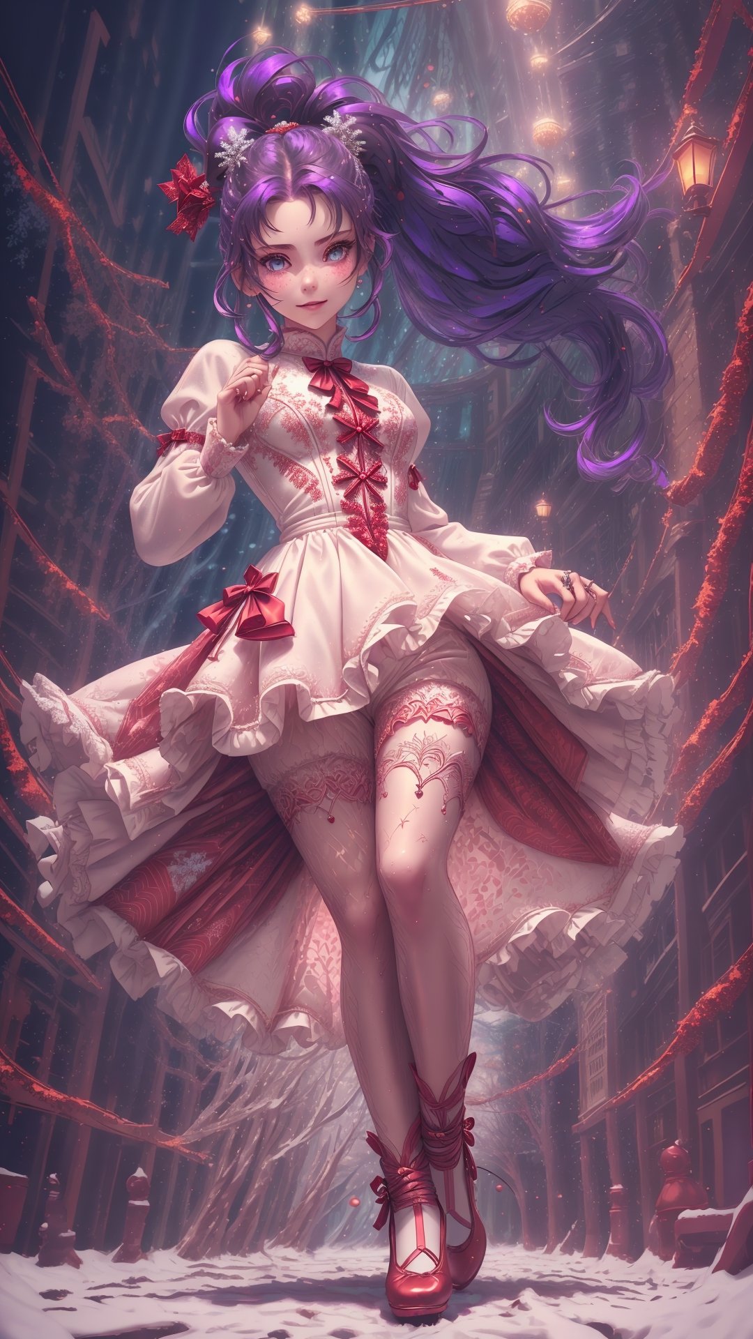 (Full body):1.18, 1girl, solo, (running on the night street);1.15, (long sleeve intricate ballerina dress), (white-red theme clothes, snowflake crochet patterns), masterpiece, best quality, (from below):1.17, dramatic, movie lighting, christmas theme, purple hair, ponytails , radiant smile,  hyperdetailed, detailed eyes, perfect hands, correct_anatomy,More Detail,Detailedface,tohsaka rin, ((detailed fingers)),fantasy00d
,