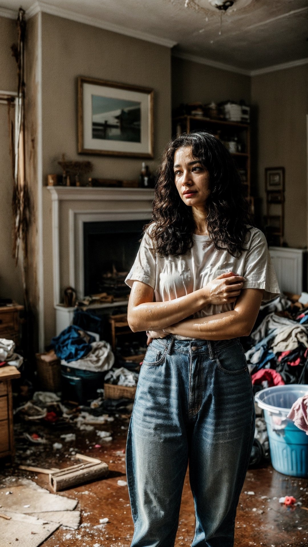 Best quality, analog, ultra-realistic, A woman stands in the middle of a living room, her face etched with exhaustion. Her hair is a tangled mess, her clothes are soaked with sweat, and there are dirt smudges on her face and hands. She is surrounded by cleaning supplies – buckets of soapy water, piles of dirty laundry, and brooms and mops. The living room is in chaos, with furniture overturned, toys scattered across the floor, and clothes strewn everywhere. The woman's expression is one of utter defeat. She has clearly been cleaning for hours, and she is finally at her breaking point, sharp focus, (PnMakeEnh),Realism,photorealistic,Portrait