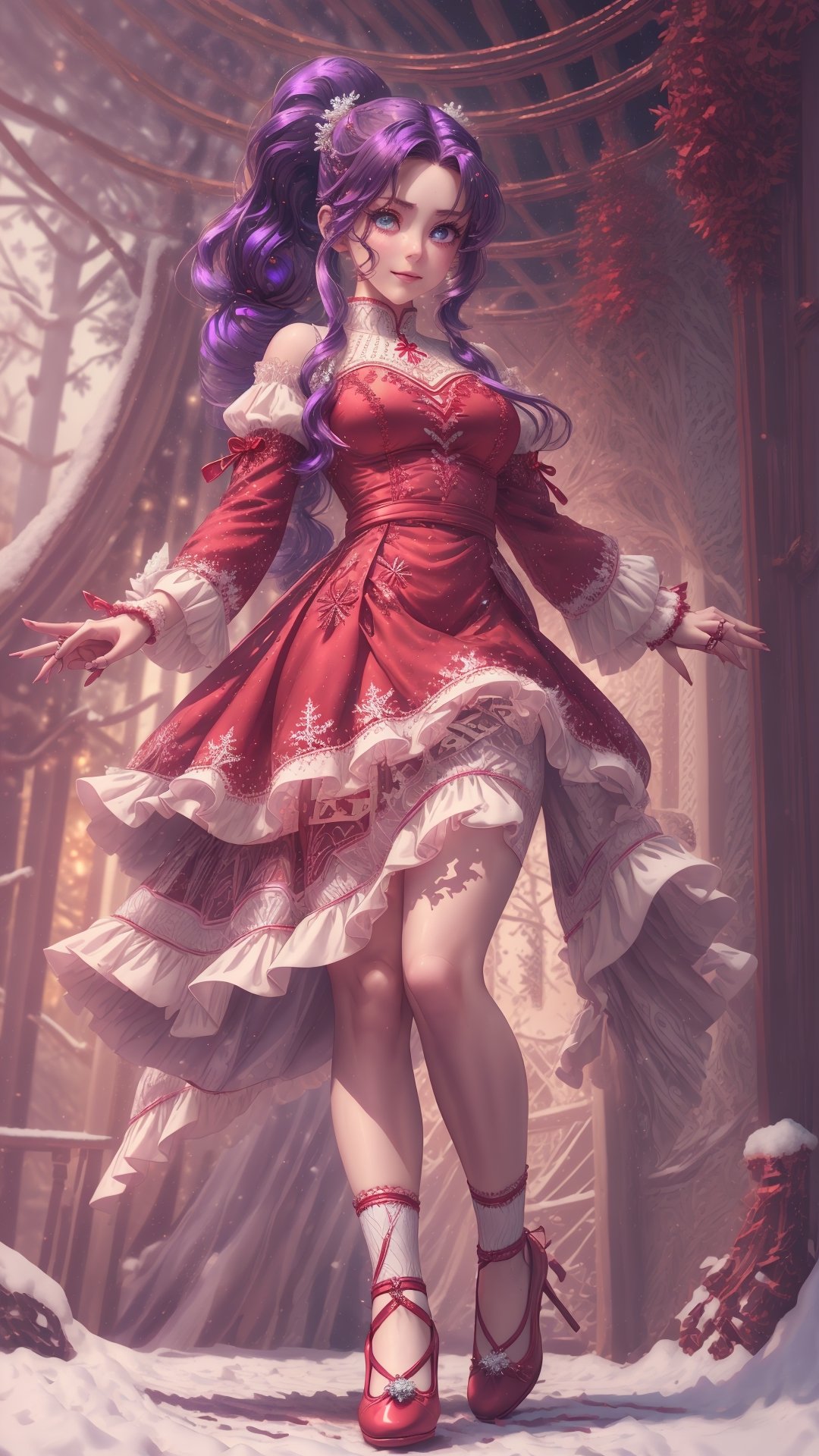 (Full body):1.18, 1girl, solo, (running on the night street);1.15, (long sleeve intricate ballerina dress), (white-red theme clothes, snowflake crochet patterns), masterpiece, best quality, (from below):1.17, dramatic, movie lighting, christmas theme, purple hair, ponytails , radiant smile,  hyperdetailed, detailed eyes, perfect hands, correct_anatomy,More Detail,Detailedface,tohsaka rin, ((detailed fingers)),fantasy00d
,