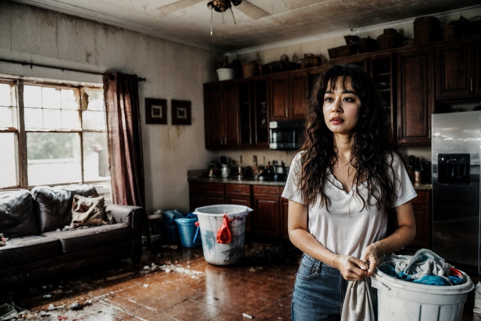 Best quality, analog, ultra-realistic, A woman stands in the middle of a living room, her face etched with exhaustion. Her hair is a tangled mess, her clothes are soaked with sweat, and there are dirt smudges on her face and hands. She is surrounded by cleaning supplies – buckets of soapy water, piles of dirty laundry, and brooms and mops. The living room is in chaos, with furniture overturned, toys scattered across the floor, and clothes strewn everywhere. The woman's expression is one of utter defeat. She has clearly been cleaning for hours, and she is finally at her breaking point, sharp focus, (PnMakeEnh),Realism,photorealistic