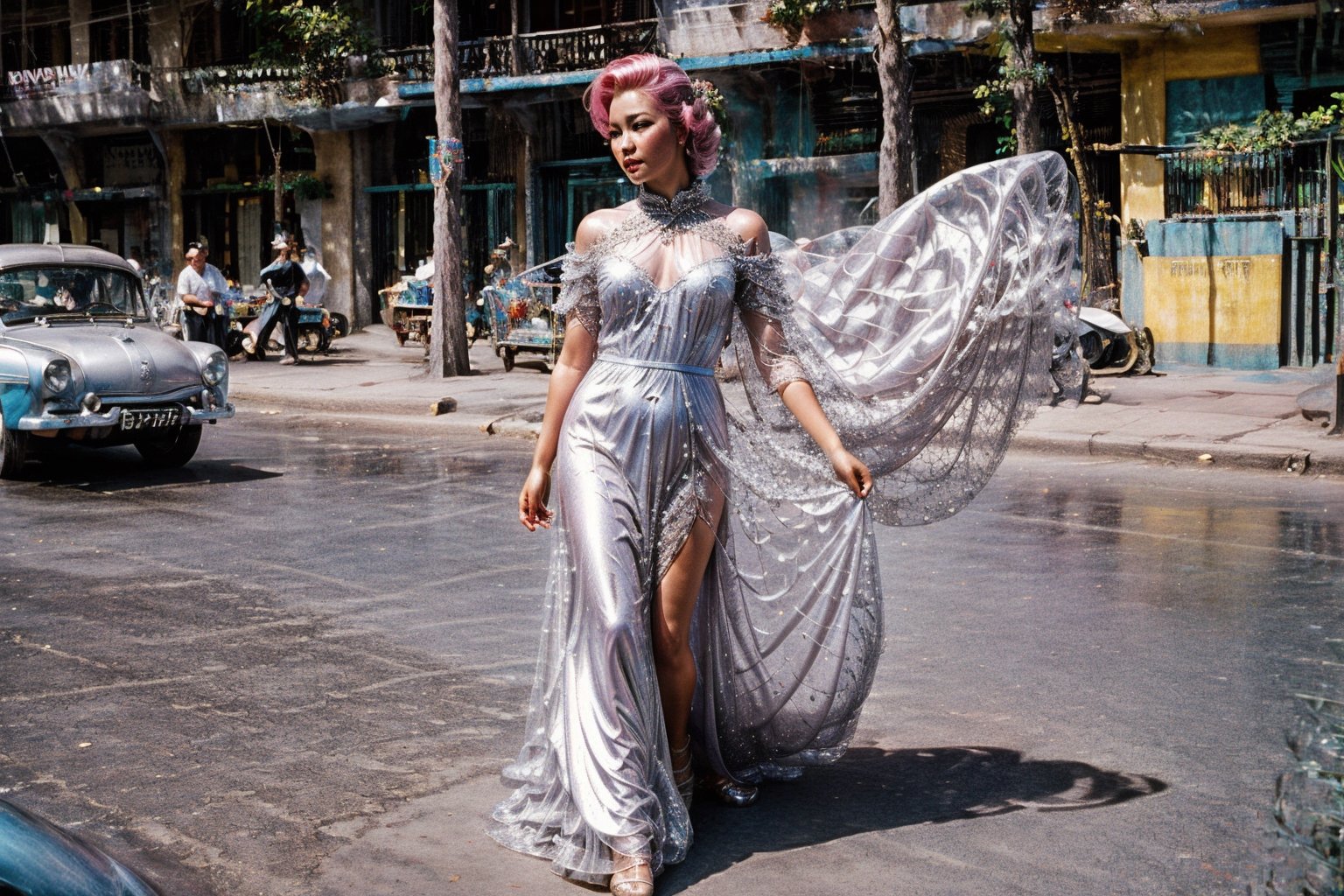 Masterpiece, photorealistic, full body, 1girl, a Vietnamese woman, high fashion female model, 60s makeup, pink hair, wearing a symphony of shimmering silver and crystal gown, Envision the gown's bodice, a delicate mesh of silver thread adorned with sparkling crystals, framing the queen's décolletage with a touch of elegance. The straps, fashioned from chains of crystal, gracefully hang off the model's shoulders, adding a touch of ethereal beauty. As the gown descends, layers of silver mesh swirl and dance around the model's legs, creating a dreamlike effect that evokes the fluidity of liquid silver. The hemline, extending gracefully towards the floor, forms a shimmering pool of silver and crystal, leaving a trail of enchantment in its wake,  anatomically correct, (walking  the street), PinUp,1 girl,saigon,High detailed ,Color magic, (vintage overall tone, blue sky),Saturated colors