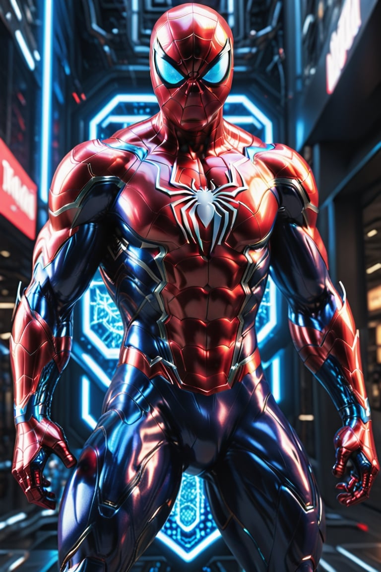 full body, facing the camera, hero pose, 3D rendering of [Spiderman], muscles, highly detailed blue eyes, highly detailed body with cybernetics and blue and red armor, action pose, dynamic shot, intricately detailed, hdr, 8k, subsurface scatter , specular lighting, high resolution, octane rendering, ray tracing, neon,