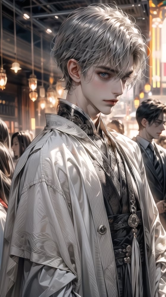 (extreamly delicate and beautiful:1.2), 8K, (tmasterpiece, best:1.0), , (LONG_silver_HAIR_MALE:1.5), Upper body body, a long_haired male, cool and seductive, evil_gaze, (wears white hanfu:1.2), and intricate detailing, and intricate detailing, finely eye and detailed face, Perfect eyes, Equal eyes, Fantastic lights and shadows、white room background、 Uses backlight and rim light