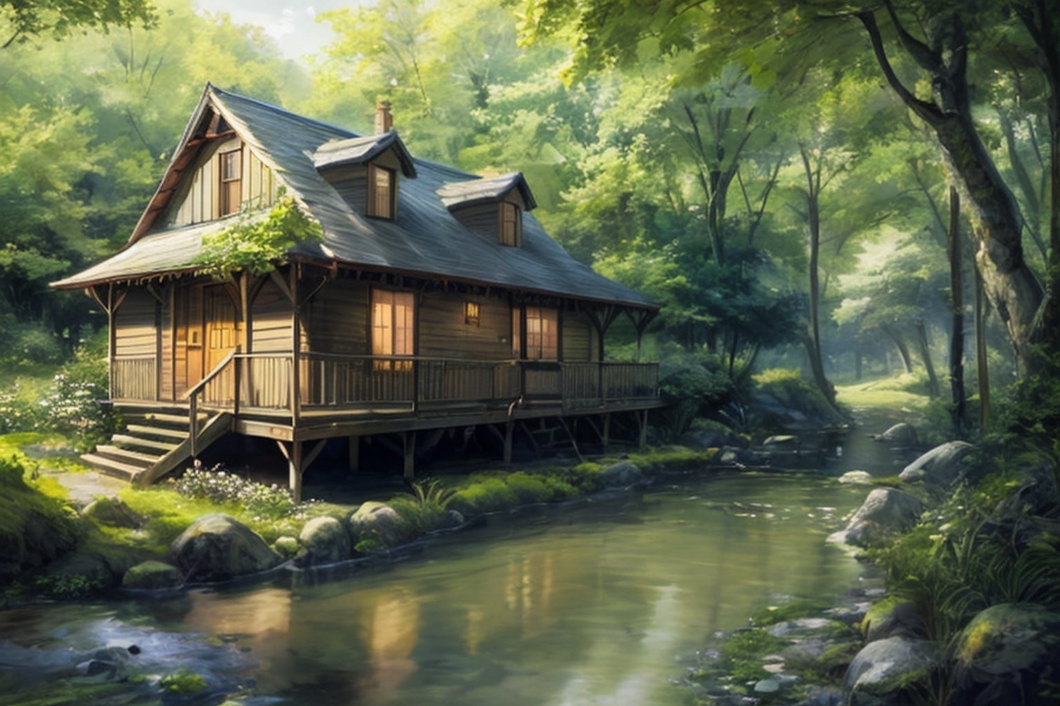 By the babbling brook's serene embrace, stands a cottage bathed in nature's grace. Nestled 'neath a canopy of trees, where tranquil whispers float on gentle breeze., 