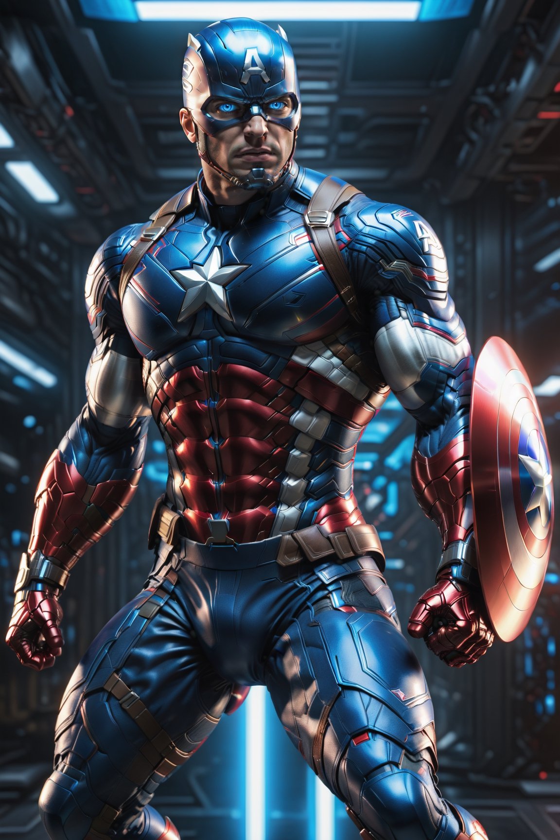 full body, facing the camera, hero pose, 3D rendering of [Captain America], muscles, highly detailed blue eyes, highly detailed body with cybernetics and blue and red armor, action pose, dynamic shot, intricately detailed, hdr, 8k, subsurface scatter , specular lighting, high resolution, octane rendering, ray tracing, neon,