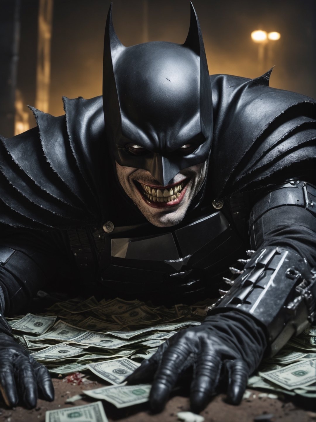 best quality, The Batman Who Laughs laying down on a big pile, penetrating look, evil eyes, messy hair, ((closeup)), best quality, ultra realistic, photorealistic, a lot money everywhere
