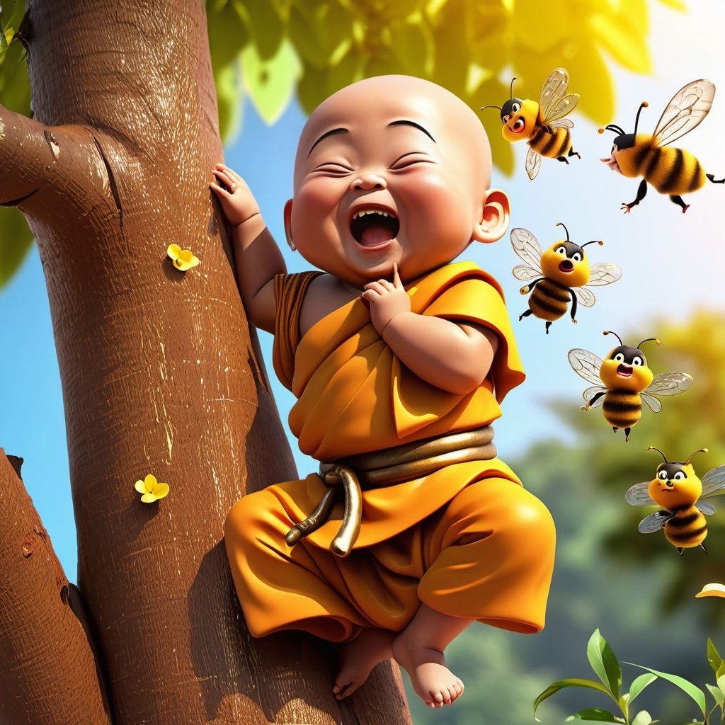 create photos with in sunndy village ,a young adorable and fat Thai monk baby climbing tree, bitting by bees. He is screaming and crying. His friends are laughing at him.  3D model.