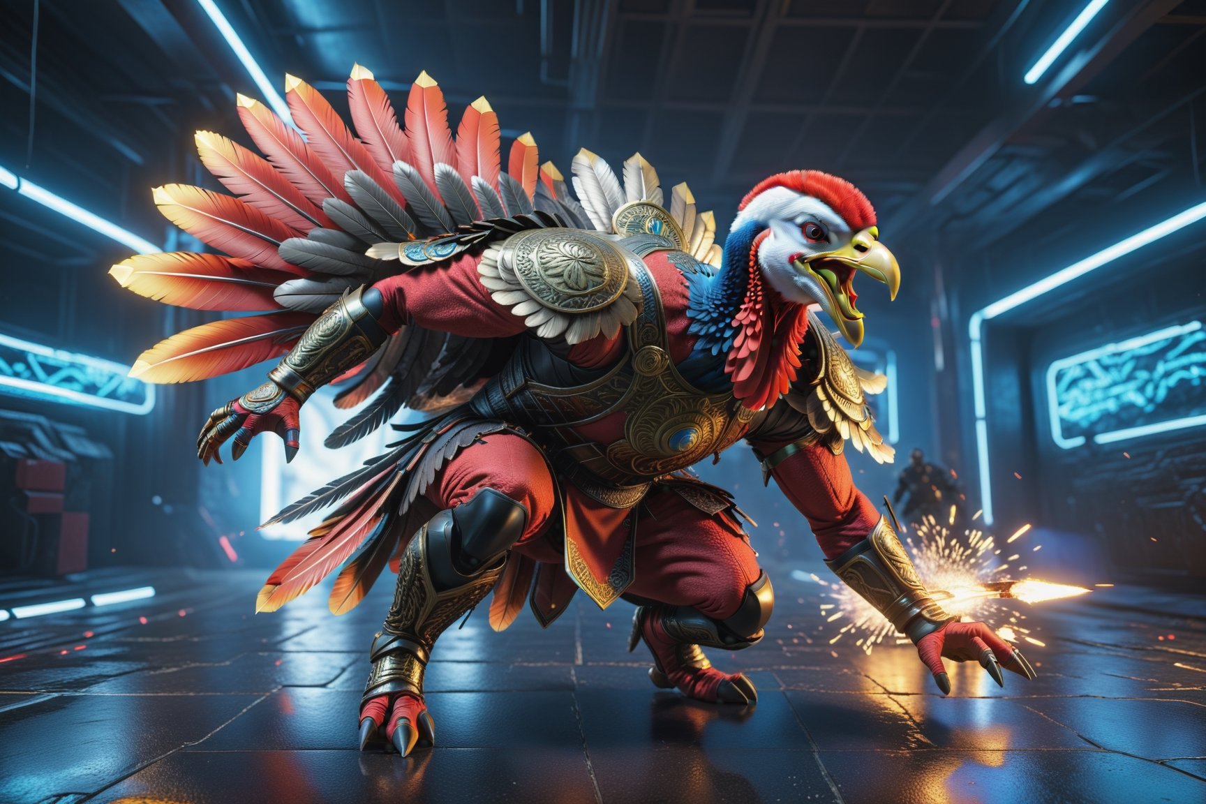 revenge of turkey, action pose, dynamic shot, intricately detailed, hdr, 8k, subsurface scatter , specular lighting, high resolution, octane rendering, ray tracing, neon,