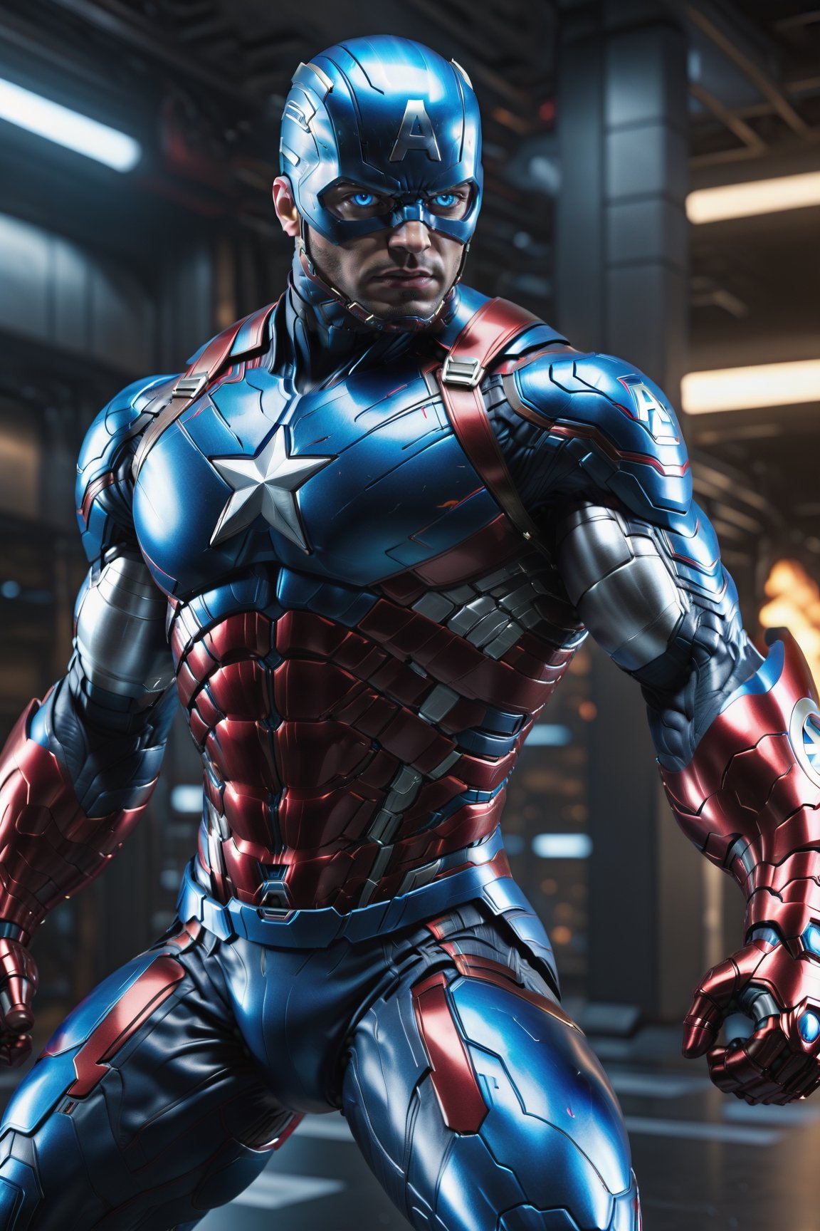 full body, facing the camera, hero pose, 3D rendering of [Captain America], muscles, highly detailed blue eyes, highly detailed body with cybernetics and blue and red armor, action pose, dynamic shot, intricately detailed, hdr, 8k, subsurface scatter , specular lighting, high resolution, octane rendering, ray tracing, neon,