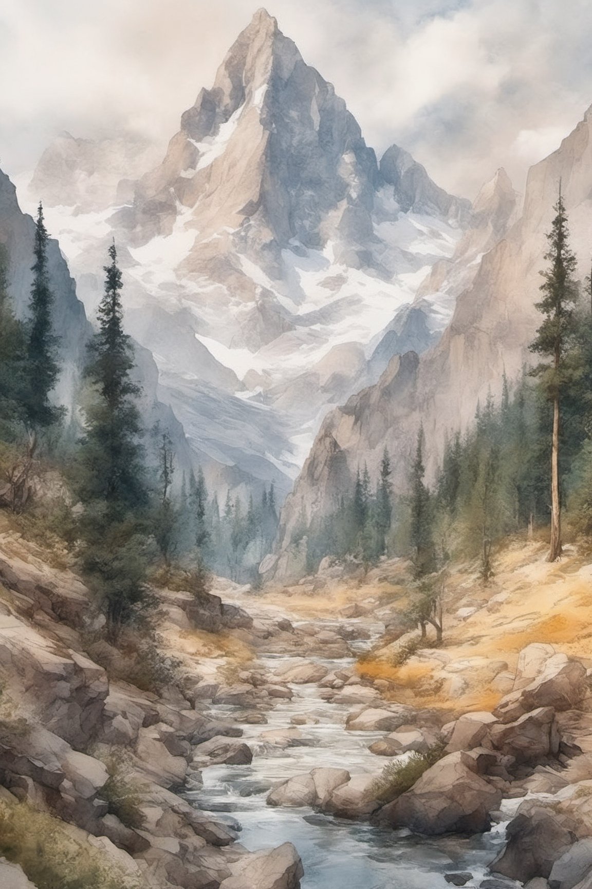 A detailed view of natural landscapes, capturing the grandeur of majestic mountains, ((Watercolor)), trending on artstation, sharp focus, studio photo, intricate details, highly detailed, by greg rutkowski