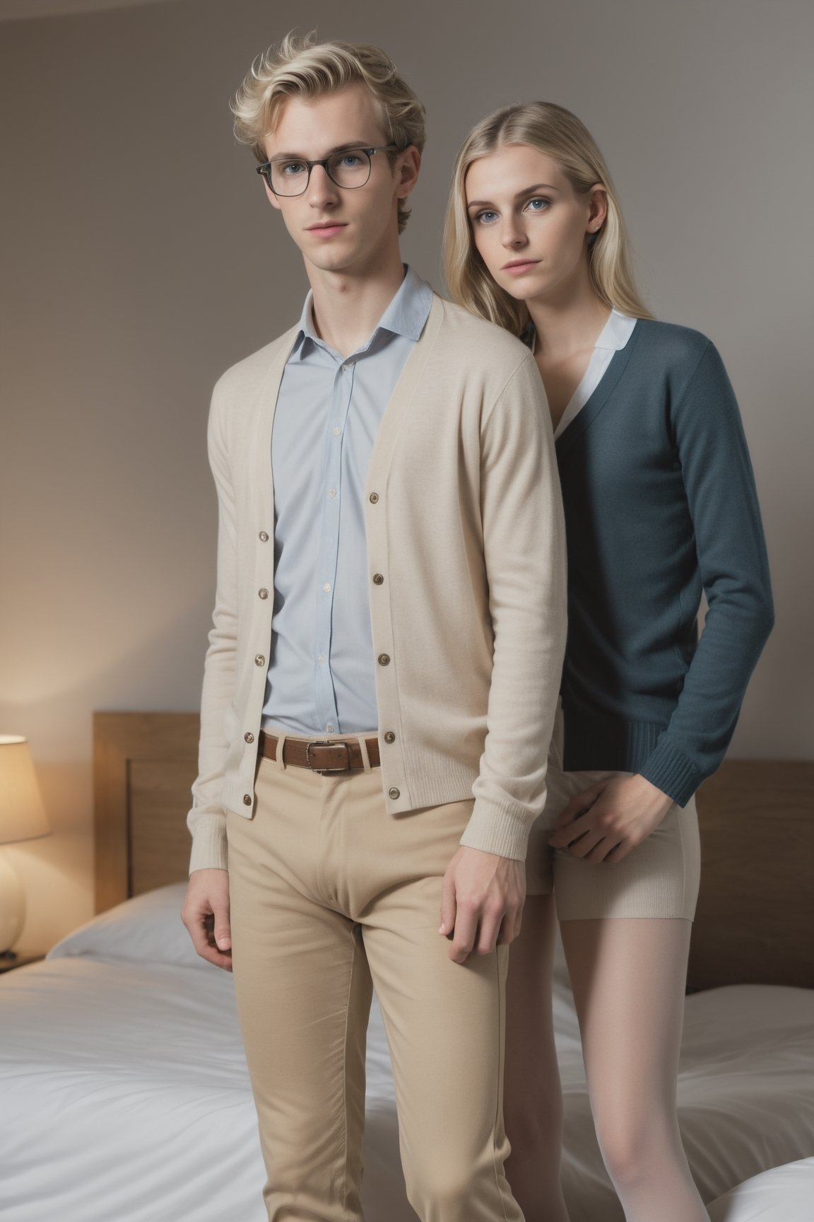 NSFW, raw full body photograph, (bedroom environment), two skinny male (nerdy look) wearing a cardigan and slacks with (balding horseshoe hair) and sad exprression,  standing by one pretty 25-year-old lady, cute, (pretty face), cute, blonde, (elegant see-through underwear:1.2), 5 deniers sheer transparent (stockings), nighttime