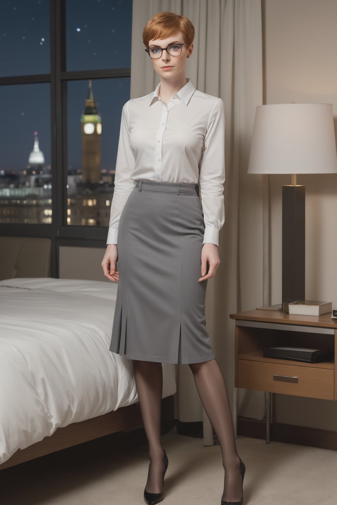 [nsfw], raw full body photograph, (bedroom environment), two gentlemen standing by one pretty office 35 years old lady, pretty face, ginger, pixie cut hair, eyeglasses, (elegant office outfit:1.2), (gabardine knee-long skirt:1.3), 5 deniers transparent pantyhose, night-time