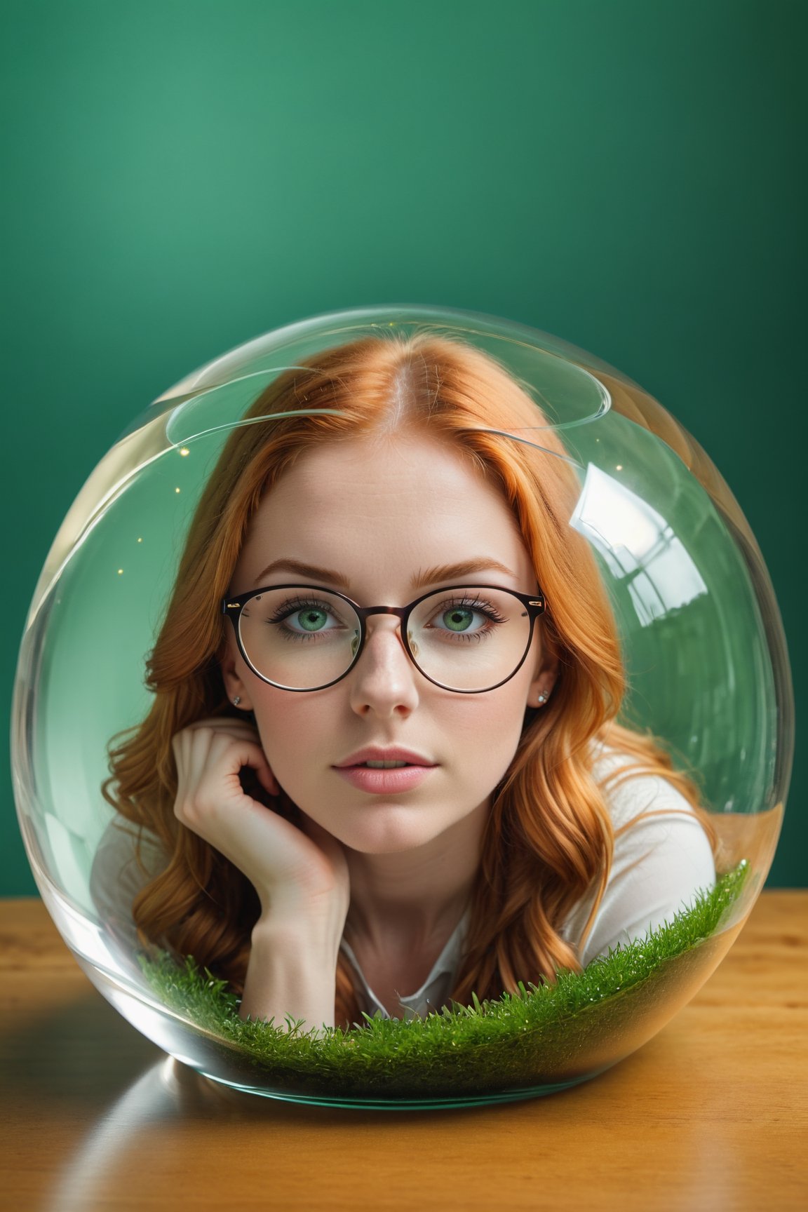 a 30 years old woman, (sitting inside of a glass ball:1.2), pretty face, cute, long ginger hair, green eyes, big eyeglasses, best quality, ultra high res, (classical, soft Effect, light background, soft colour:1.2), ultra detailed, hyperrealistic photography, detailed background, ultra realistic, photorealistic, 8k UHD, DSLR, extra sharp, professional photography, soft lighting, warm lighting, glass ball, dreamscape in a jar