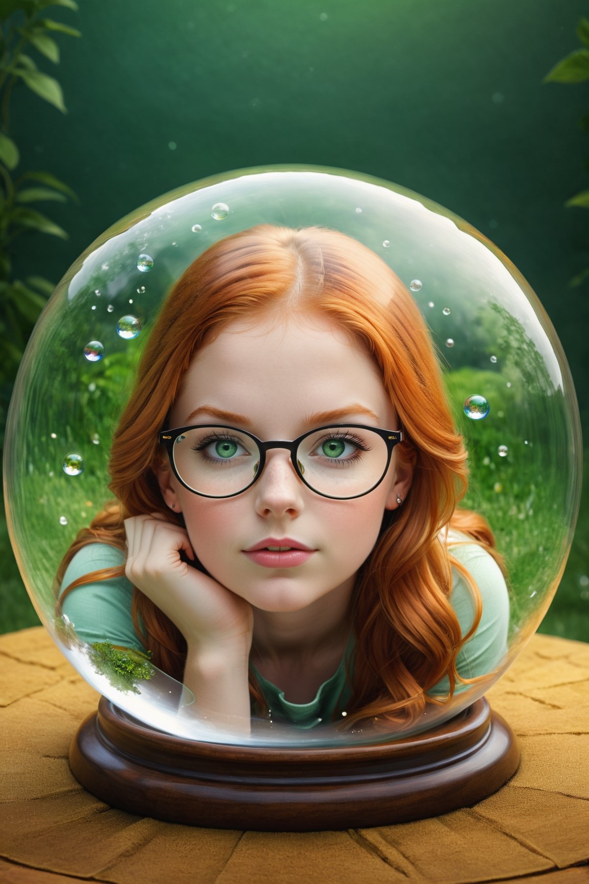 a 30 years old woman sitting inside of a glass ball, pretty face, cute, long ginger hair, green eyes, big eyeglasses, a storybook illustration by Raymond Teague Cowern, pixabay contest winner, fantasy art, stunning 3d render of a cute girl, glass ball, dreamscape in a jar