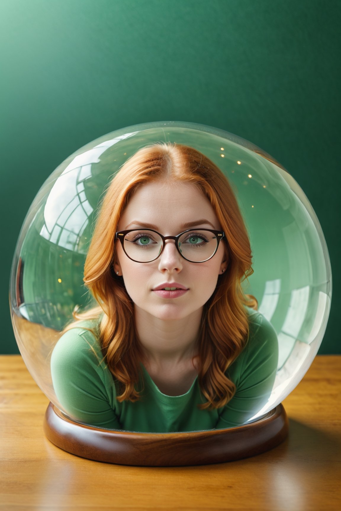 a 30 years old woman, (full figure sitting inside of a glass ball:1.2), pretty face, cute, long ginger hair, green eyes, big eyeglasses, best quality, ultra high res, (classical, soft Effect, light background, soft colour:1.2), ultra detailed, hyperrealistic photography, detailed background, ultra realistic, photorealistic, 8k UHD, DSLR, extra sharp, professional photography, soft lighting, warm lighting, glass ball, dreamscape in a jar