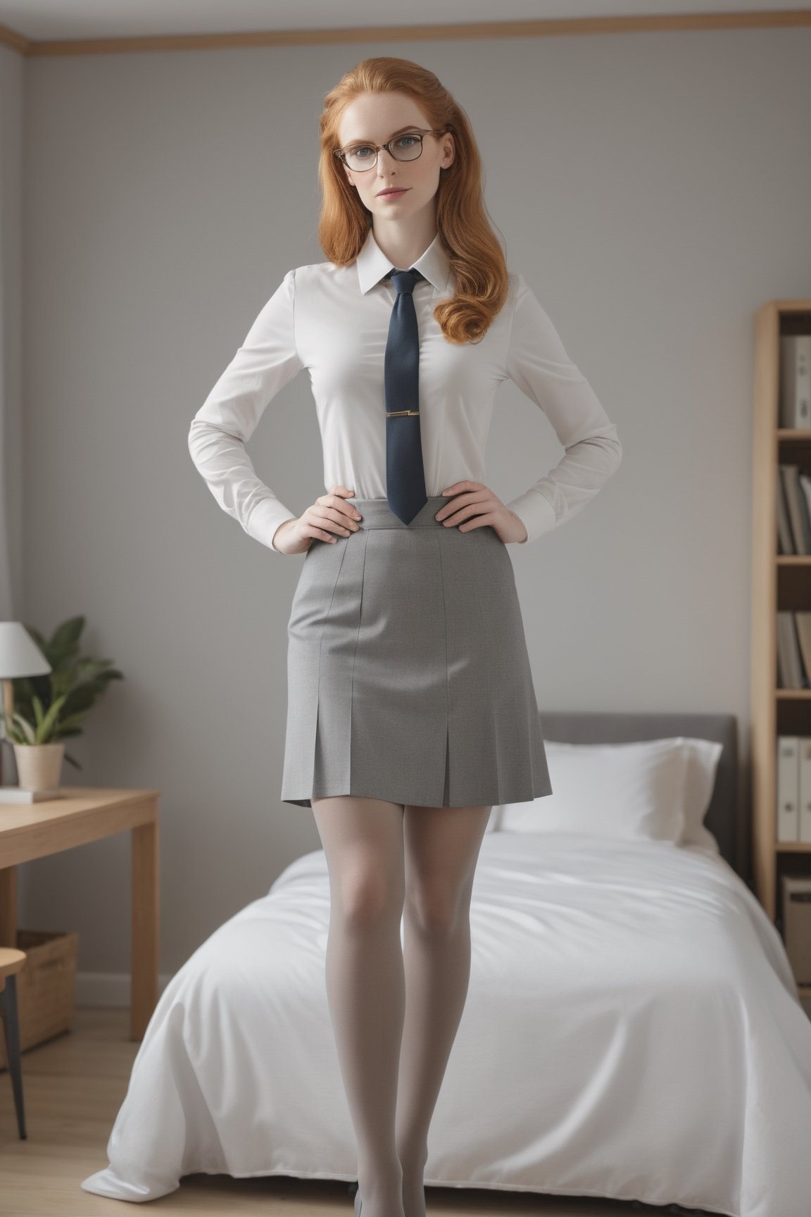(NSFW), raw full body photograph, (bedroom environment), pretty office 35 years old lady, pretty face, ginger, eyeglasses, (elegant office outfit:1.2), (gabardine skirt:1.3), 5 deniers grey pantyhose, two gentleman standing by, realistic, 
