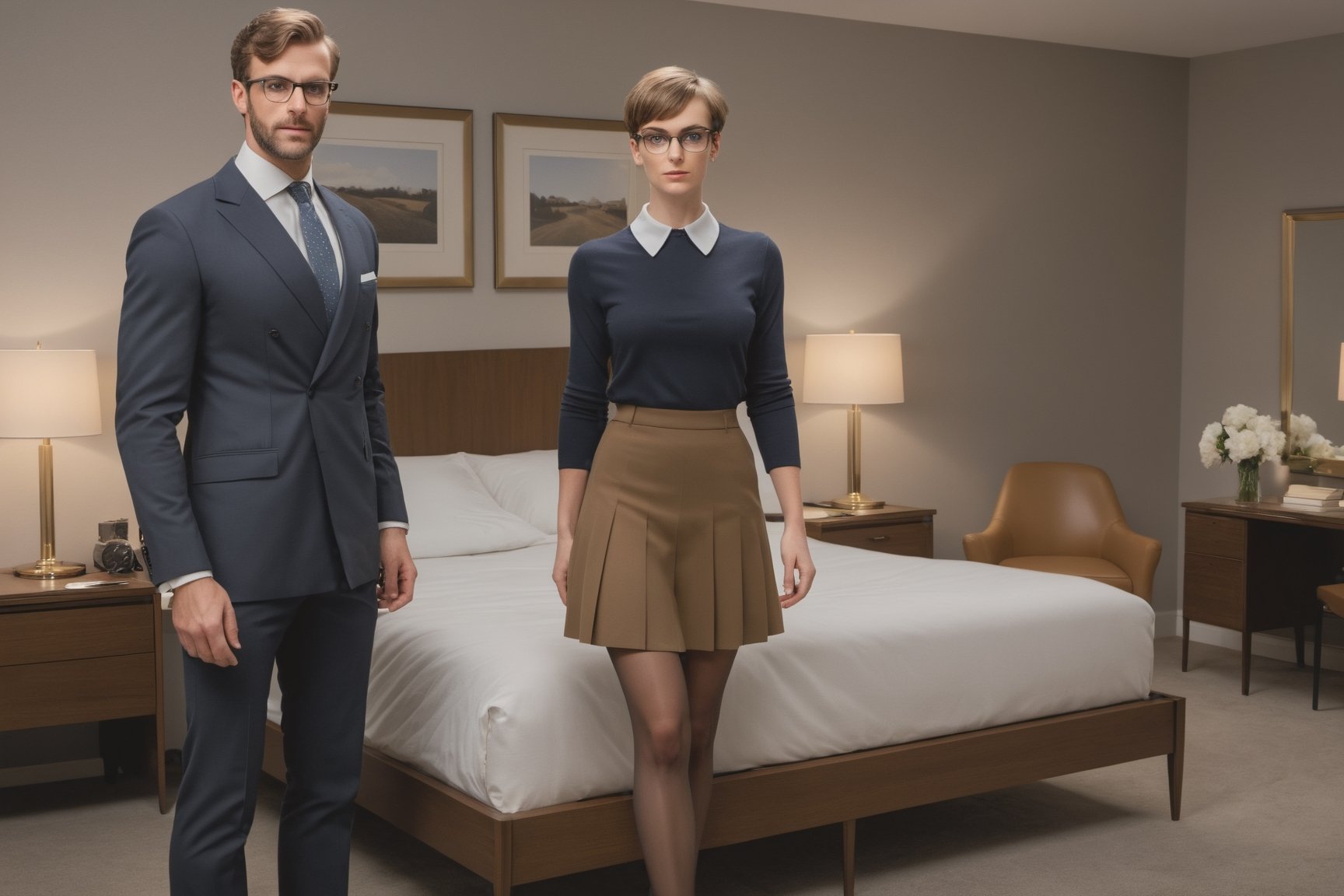 [nsfw], raw full body photograph, (bedroom environment), two gentlemen standing by one pretty office 35 years old lady, pretty face, brown, pixie cut hair, eyeglasses, (elegant office outfit:1.2), (gabardine knee-long skirt:1.3), 5 deniers transparent pantyhose, night-time