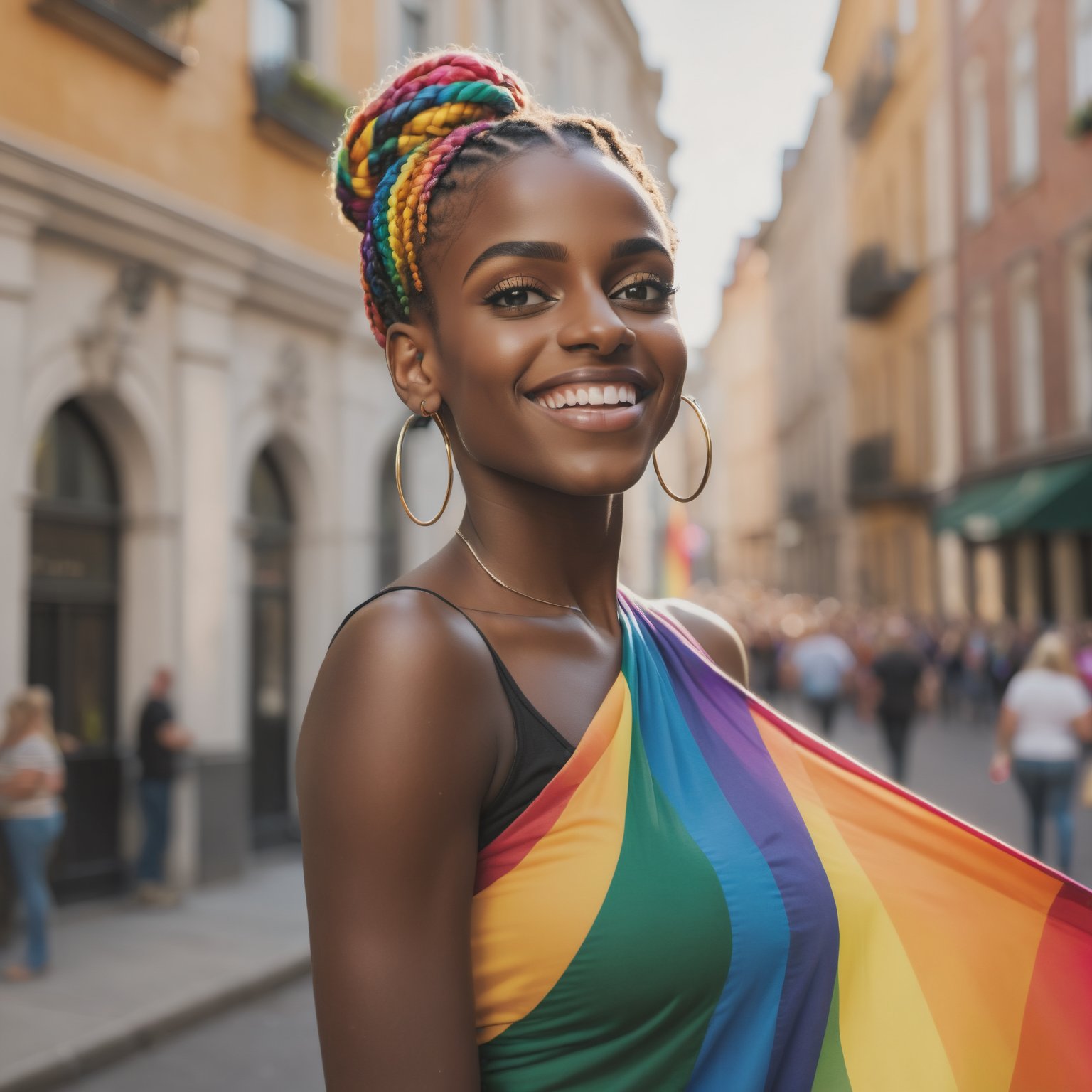 A joyful young woman stands outdoors in an urban setting, proudly holding up a large rainbow pride flag behind her. She has dark skin, bright eyes, and a wide smile. Her hair is styled in long, intricate braids, some of which are wrapped into a high bun on top of her head. She is wearing a black top and large hoop earrings. The background features tall buildings and a city street, slightly out of focus, giving the image a vibrant, celebratory atmosphere. The sunlight illuminates her face and the flag, emphasizing the colorful stripes of the flag and her enthusiastic expression.