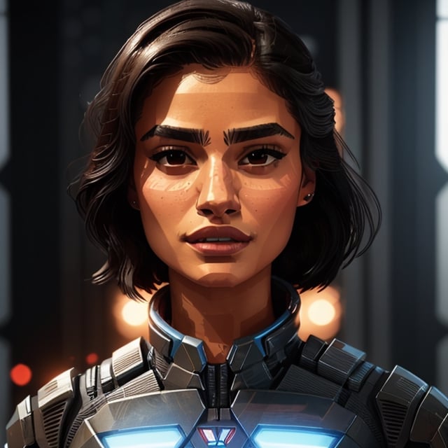 full format Mass Effect portrait of Diane Guerrero, realistic skin, Meybis Ruiz Cruz, photorealistic, perfectly framed portrait, style features, backlighting, in the style of the cycle frontier, More Detail, photorealistic, 
