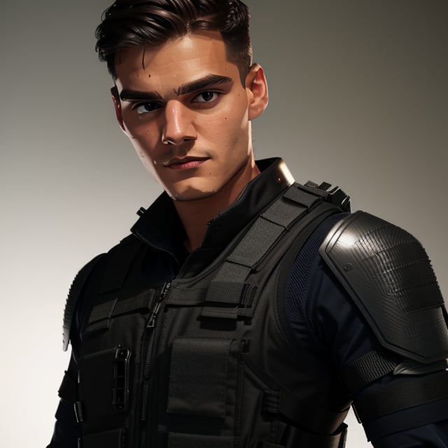 a studio photo of ((ÁLVARO MORATA)) as a Modern Warfare 2022 character, 1guy, male, 

wearing tactical gear, ((black tactical vest)), (sci-fi shoulder and forearm armor ONLY on his left arm),

 standing in a dynamic yet relaxed pose, empty hands, no guns,

blank grey background, lighting accentuates the textures and materials of the gear, showing off the interplay of matte and metallic surfaces, simple soft lighting, 

the camera Infront of subject,

in the style of, Miki Asai Macro photography, close-up, hyper detailed, trending on artstation, sharp focus, studio photo, intricate details, highly detailed, by greg rutkowski,MRC,Meybis Ruiz Cruz,Masterpiece