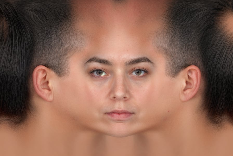 Head Texture, studio portrait of hairless, symmetrical overcast flat lighting, (face center,:1.2), nice skin, natural skin texture, highly detailed 8k skin texture, black and white, 