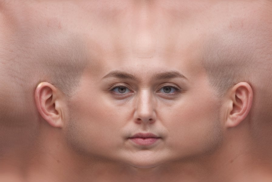 Head Texture, studio portrait of hairless, symmetrical overcast flat lighting, (face center,:1.2), nice skin, natural skin texture, highly detailed 8k skin texture,